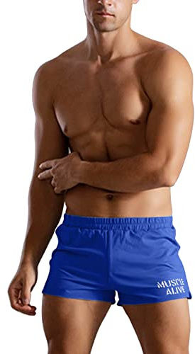 Muscle Alive Hombres Gimnasio Culturismo Rutina de Ejercicio Men Pantalones Cortos Algodón Style A Azul, 3 Inseam Thin Fabric Without Pockets L