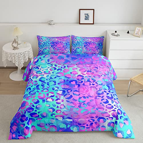 Feelyou Colorful Leopard Duvet Quilt Blue Purple Pink Toddler Bedding Set Stylish Wild Animal Soft Comforter Set Girls Women Leopard Spotted Decor with 1 Pillowcase 2Pcs Bedding Twin