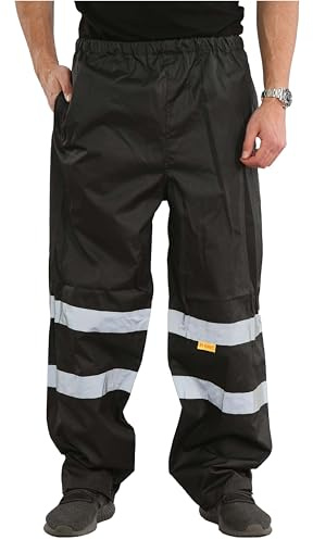 kraftd Men's Hi Vis Trouser Safety Over Waterproof Rain Trousers High Visibility Reflective Work Pants with Side Pockets Black