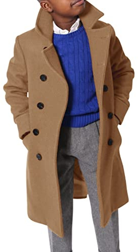 Ebifin Boys Notch Lapel Double Breasted Long Trench Coat Casual Classic Peacoat, Brown, 9-10 Years