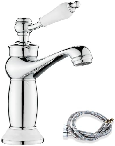 Maynosi Retro Bathroom Sink Taps, Luxury Victorian Basin Mixer Tap with Ceramic Handle, Vintage Faucet for Cloakroom, Include Flexible Tails, Brass (Chrome)