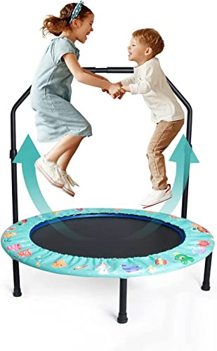 Trampoline for Kids, 36Inch Trampoline with Adjustable Handle and Foldable Bungee Rebounder Adjustable Handrail and Safety Padded Cover Indoor&Outdoor (Green)