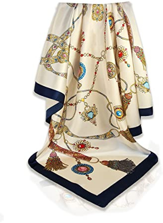 Bufanda de seda para mujer, elegante, 90 x 90 cm, de seda, para el pelo, para mujer, pañuelo de seda, pañuelo para el cuello, pañuelo de seda para mujer, pañuelo para la cabeza, Blanco - Azul