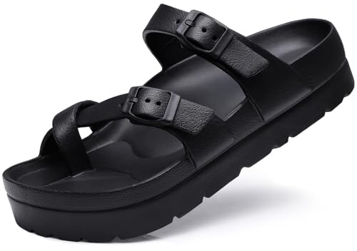 Goosecret Women's Platform Sandals with Arch Support Comfortable Foam Slides Summer Beach Sandals with Adjustable Buckle Black, 39