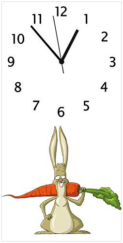 Wallario Design-Wanduhr Lustiger Hase mit Möhre im Comic Stil aus Glas, Motiv-Uhr Größe 30 x 60 cm, Schwarze Zeiger