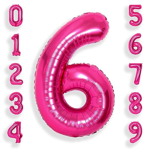 SUWEN 40 Inch Hot Pink 6 Number Balloon Foil 0-9 Birthday Big Numbers | 6th Birthday Anniversary Party Decorations Large Helium Number Balloons Jumbo Giant Huge Mylar