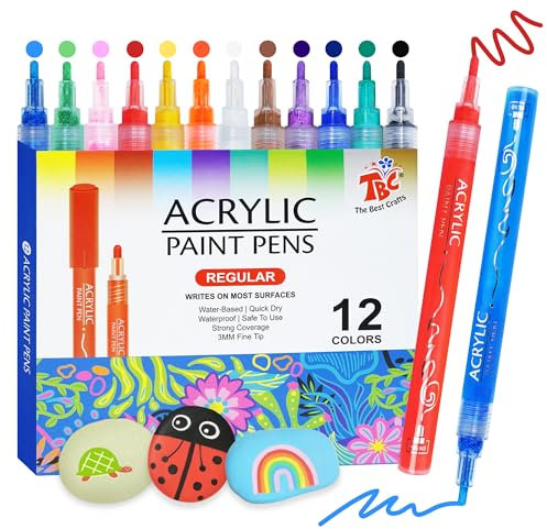 TBC The Best Crafts Acrylstifte Wasserfest, 12 Stück Steine Bemalen Stifte, Bunt Permanent Marker Glasmalstifte Satz für Holz, Leinwand, Glas, Papier, Keramik, Allerheiligen Geschenk