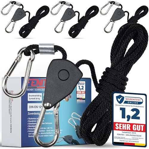 FENITEC 4 cricchetti con ganci, tenditori per tenda con cricchetto, per tenda, tenda da sole e tenda, forza di rottura 68 kg, 2,4 m, funi di tensione da campeggio, tendicorde, per esterni (set da 4)