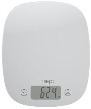 Haepi, Bilancia da cucina elettronica ad alta precisione 5000 g/1 g, funzione tare/liquida, design moderno, schermo LCD grande, batterie incluse, garanzia 15 anni