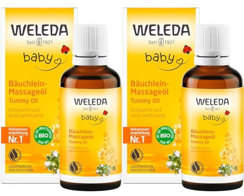 WELEDA Bio Baby Bäuchlein Massageöl, Naturkosmetik Massage Öl gegen Bauchschmerzen und Krämpfe von Babys und Kleinkindern, Pflegeöl zur Verdauungsförderung (1 x 50 ml) (Packung mit 2)
