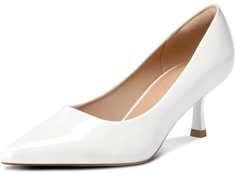 mysoft Kitten Heels for Women Low Heel Pumps 2 Inch Closed Toe Wedding Dress Shoes White Patent