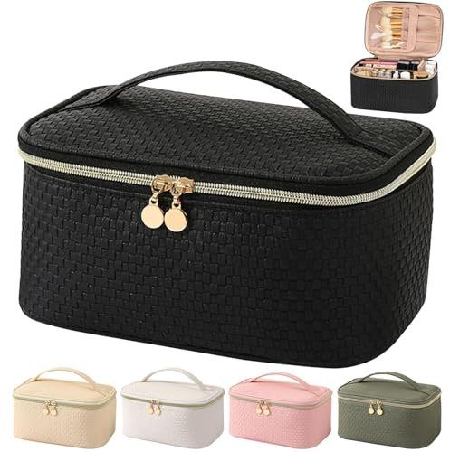 Bestash Kulturtasche Damen,Wasserdichter Reise Kosmetiktasche,PU Leder Make Up Tasche,Schminktasche Groß Mit BüRstenfach,Kulturbeutel Organizer Tragbare Make Up Bag （Elegantes Schwarz）