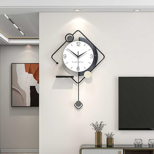 Modern Wanduhr Groß Minimalistisch Stilvolle Dekorative Wanduhren Metallrahmen + Zifferblatt aus Holz Wanduhr ohne Tickgeräusche mit Ablagetisch für Wohnzimmer Schlafzimmer Büro Küche, 36*54 cm
