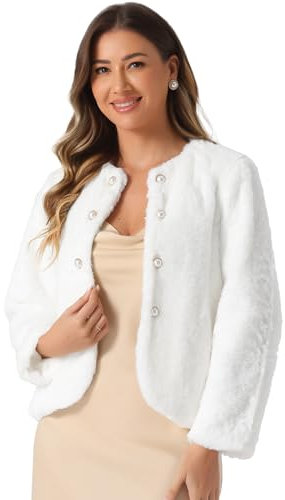 Allegra K Damen 2024 Winter Hochzeit Kunstpelz Jacke Langarm Taschen Fell Cropped Bolero Oberbekleidung Weiß M