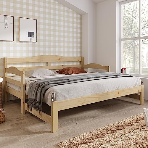 Merax Sofa Bed with Curved Design, Extendable Pull out Trundle, Modern Daybed for Living Room and Bedroom, Suitable for 1-2 Sleepers, Natural, 90-180x190cm