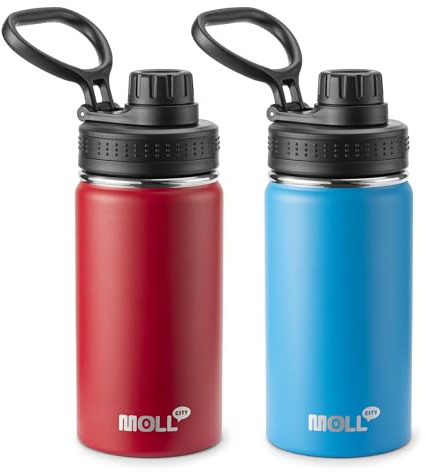 Mollcity 12 oz Water Bottle Stainless Steel Vacuum Insulated Wide Mouth Sports Flask, 2 Pack Water Bottle with Leakproof Spout Lid (Canyon Red-Sky Blue)