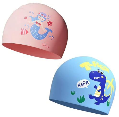Novocloud Lot de 2 Bonnet de Bain Enfant Silicone 100% Imperméable et Antidérapant, Bonnet Piscine Enfant pour Cheveux Longs, Convient aux Garçons et aux Filles, Confortable Souple Durabilité