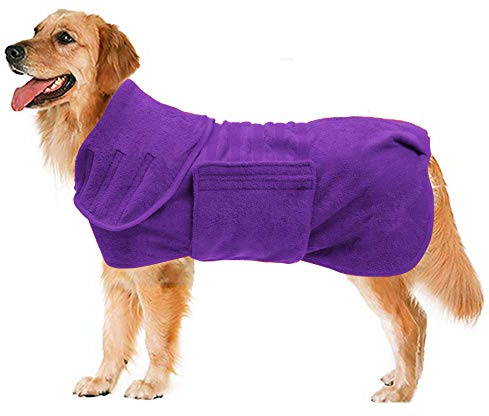 Geyecete Dog Drying Coats-dog towels absorbent robe Dry Fast Dog Bag-Dog Bathrobe Towel-Microfibre Fast Drying Super Absorbent Pet Dog Cat Bath Robe Towel-Purple-M