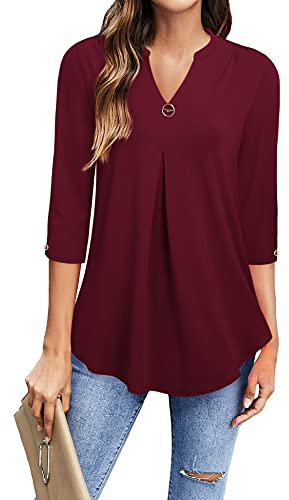 Gaharu V-Ausschnitt Tunika Top Damen 3/4 Arm A-Linie Longoberteile Elegante Festlich Shirt Frauen Longbluse Cotton Damenmode 2022 Women Blouse Weiche Frühling Locker Hemd Weinrot, XL