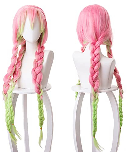 Lange Rosa Gradient Grün Drei Geflochten Cosplay für Frauen Halloween Konventionen Cos Anime Party Hitzebeständig Kunststoff Kostüm Haare
