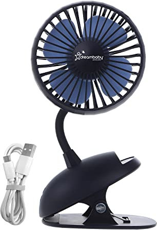 Dreambaby Pram Fan - USB, Tripod Clip on Fan, Stroller Fan for Babies, Handheld Fan, Desk Fan, Portable Fan. Deluxe Caged USB Fan. Cooling Fan for Stroller, Car Seat, Cot, Desk, Gym (Navy)