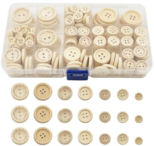 WANYIG Holzknöpfe Handmade Knöpfe Holz 10mm 13mm 15mm 20mm 25mm Runde Kinderknöpfe Holzknöpfe zum DIY Nähen Stricken Bastel Geschenk Deko (220 Stück)