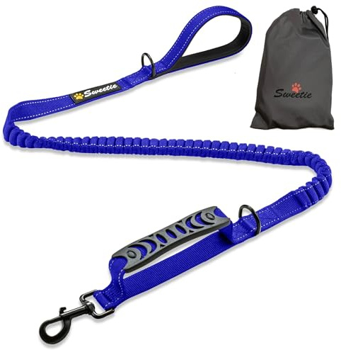 Sweetie Bungee Dog Lead Shock Absorber - Strong Leash 4FT to 5.6FT Long with Soft Padded Handle & Traffic Handle - Reflective Anti Pull Leads for Walking Medium and Large Dogs. Nautical Navy Blue