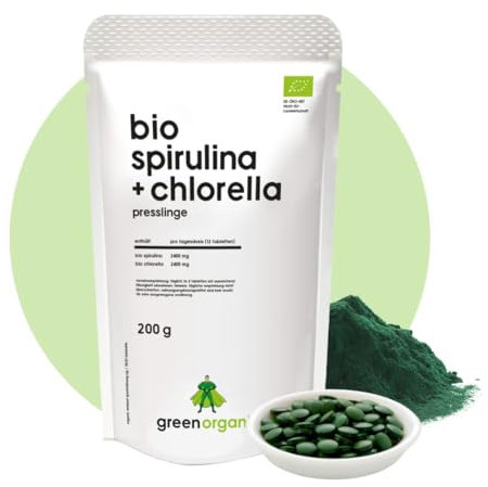 Bio Spirulina + Chlorella - 400 Tabletten 200 g - 500 mg pro Tablette - Plantensis und Vulgaris Algen - Hochdosiert - Presslinge - Kontrolliert biologischer Anbau (200 g, Spirulina + Chlorella)