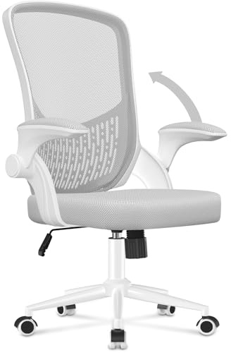naspaluro Ergonomischer Bürostuhl, Schreibtischstuhl mit klappbaren Armlehnen, höhenverstellbar, Neigefunktion, atmungsaktive Rückenlehne, Drehstuhl 360°, weiß-grau