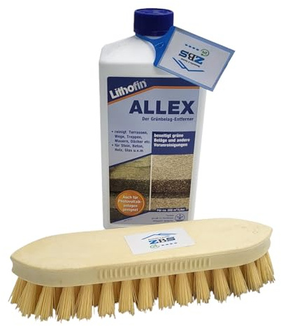 zbs24 Lithofin ALLEX Grünbelagentferner 1 Liter, Reinigungskonzentrat selbstwirkend gegen Algen und Moos, für Terrassen, Naturstein, Betonstein, Klinker, Putz und Holz, inkl. Reinigungsbürste