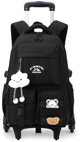 Tanou Mochila Escolar Niña con Ruedas, Mochilas Adolescentes Chica con Carro de 30L, Trolley Desmontable Mochila Instituto de Viaje con 6 Ruedas, Negra