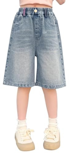 Jeans Shorts Mädchen Hoch Taillierte Denim Kurze Hose Kinder Y2K Sommerhose Elastische Taille Freizeithose Kurz Loungehose Ausgebeult Lässige Weiche Jeansshorts
