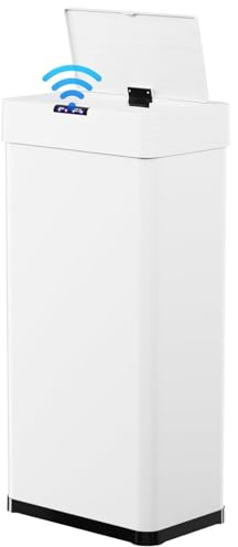 LIFERUN Papelera con sensor, papelera para cocina 60 litros, tapa eléctrica con anillo de sujeción para bolsas de basura, papelera automática sin contacto de acero inoxidable, blanco