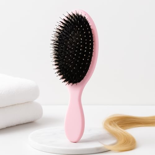 Pink Boar Bristle Paddle Hairbrush for Extensions, Long Thick Curly Hair, Gentle Detangling Brush with Soft Cushion, Reduces Breakage and Frizz, Comfortable Grip, Suitable for Wet or Dry Hair