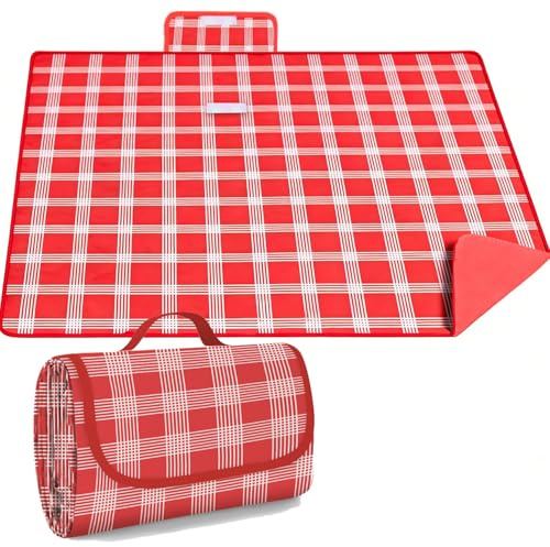 Telo Picnic Impermeabile 200 x 200cm, Picnic mat waterproof, Stuoia campeggio Resistente Alla Sabbia Alle Macchie, Stuoia spiaggia Extra Grande,per Campeggio,Trekking,Montagna,Viaggi (Rosso Plaid)