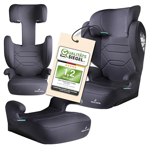 WALSER Premium Kindersitz Auto Numa, bequeme 2in1 Kinder Sitzerhöhung abnehmbare Rückenlehne + mitwachsende Kopfstütze 3-8 Jahre 100-150 cm neueste Norm ECE R 129, Sitzerhöhung Auto Kinder anthrazit
