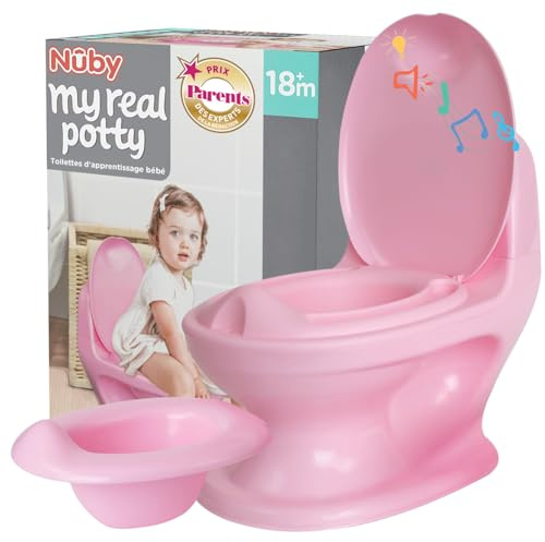 Nuby - My Real Potty - Vasino bambini per imparare a usare il wc - Vasino portatile con rumore di scarico, pile incluse - Wc portatile +18 mesi - Vasino portatile per bambini da viaggio - Rosa