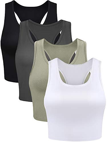 Geyoga 4 Stück Damen Crop Tank Tops (Schwarz, Anthrazitgrau, Olivgrün, Weiß, S)