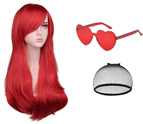 AOMIG Capelli Lunghi Mossi Ricci, 3 Pcs Parrucca Rossa Lunga Parrucche Donna rossa con Occhiali e Retine per Parrucche, Parrucche a Onde Lunghe Parrucca Sintetica per Cosplay, Festa, Uso Quotidiano