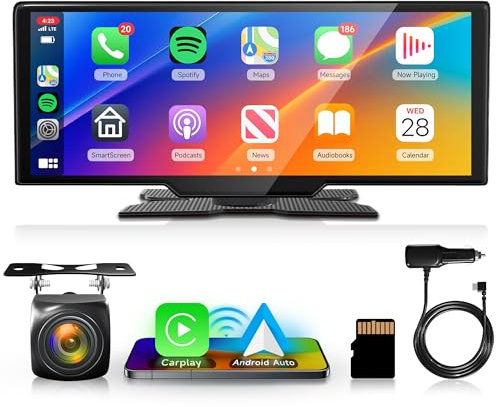 Wireless Apple Carplay Android Auto Tragbares Autoradio mit Rückfahrkamera 64G TF Karte, 10.26 Zoll Touchscreen Portable Autoradio mit Airplay/Android Cast/Dual Bluetooth/FM Sender/Voice Control/AUX