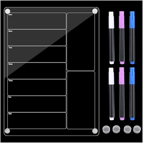 XTDMJ Planificateur hebdomadaire magnétique en acrylique transparent pour réfrigérateur avec 6 marqueurs de couleurs
