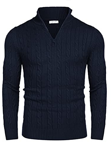 COOFANDY Herren Essentials Pullover Stehkragen Basic Polopullover Zopfmuster Zip High Neck Pulli Langarm Navy Blau M