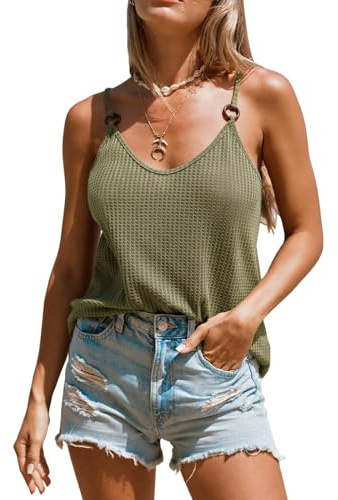 CUPSHE Womens Top V Neck O-Ring Cami Knit Adjustable Strap Sleeveless Vest Summer Shirts Green M