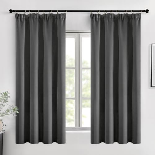 MIULEE Pencil Pleat Thermal Insulated Curtains 54 Inch Drop Grey Blackout Curtains for Bedroom Short Solid Window Drapes with Hooks for Track Rail