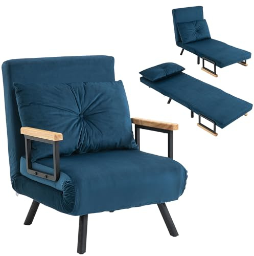 HOMCOM Sillón Convertible 3 en 1 Calentador Cama 1 Plaza Respaldo Ajustable 5 Posiciones, Reposabrazos de Madera y Cojín, Tejido Efecto Velour, Azul
