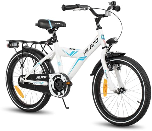 Hiland 16/18 tums barncykel för pojkar barn från 4 5 6 7 år med baksäte/bagagehållare stödhjul handbroms och bakåtbroms, svart/vit
