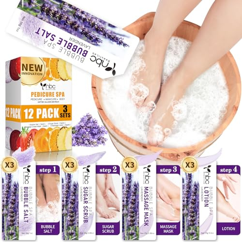 nbc BeautiLab Fotblötläggningsset: Bubbelsalt, sockerskrubb, massagemask, massagelotion i en låda, 4 stegs fotspa kit för torra fötter, mjukar förhårdnader, trötta fötter (3 set, 3 set lavendeldoft)