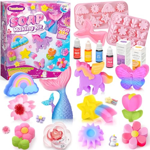 Kit para Hacer Jabones Manualidades con Flores Unicornio Molde Colores Aceites Esenciales Experimentos Juego Fabrica de Jabones Kits de Ciencias Regalos Niña Niños 5-10+ Años