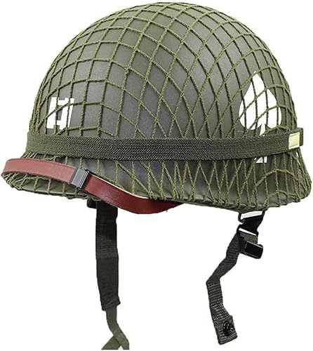 HUTRADE Casque M1 WW1, Casque Acier US Army M1 avec Filet/Toile Mentonnière Casque Réplique D'équipement Guerre Mondiale Vert 56-62CM