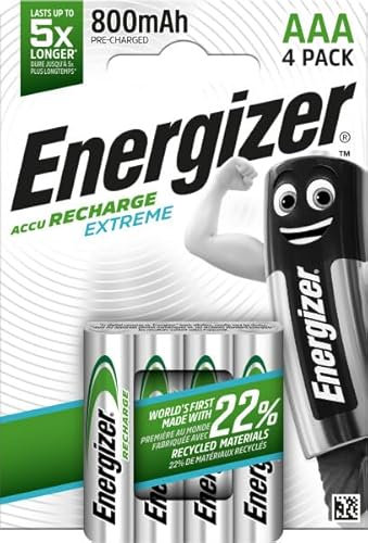Energizer - Recargables, Pack de 4 Pilas AAA 800 mAh, precargada, para Dispositivos Uso frecuente y Cientos de recargas, sin sulfatación